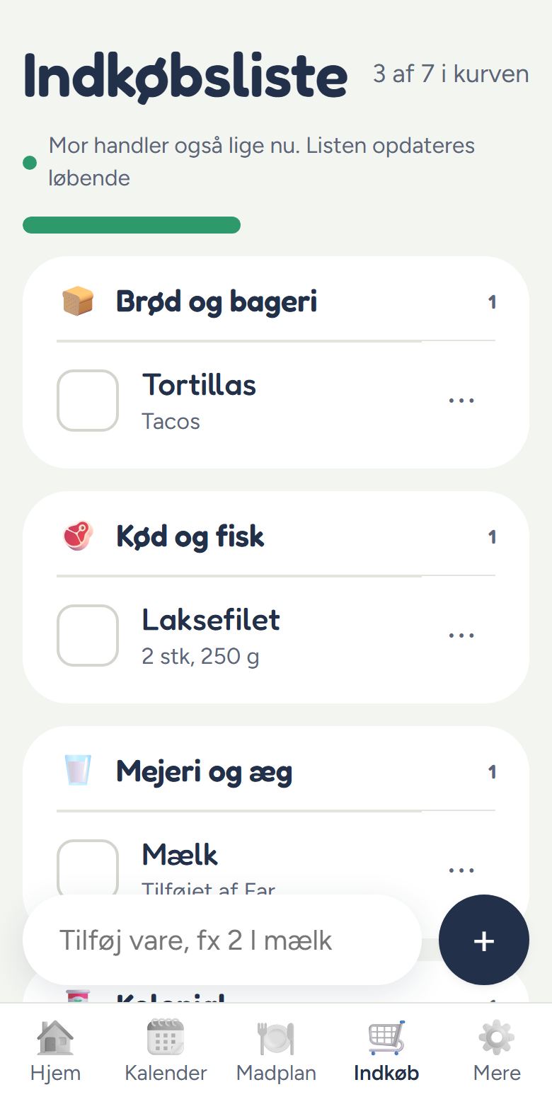 Indkøbslisten sorteret efter afdelinger