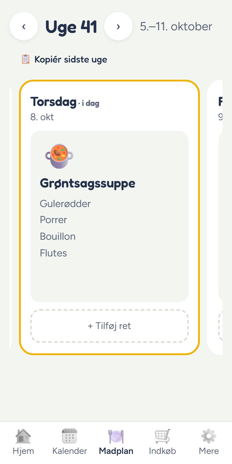 Ugens madplan med dagens ret og varer